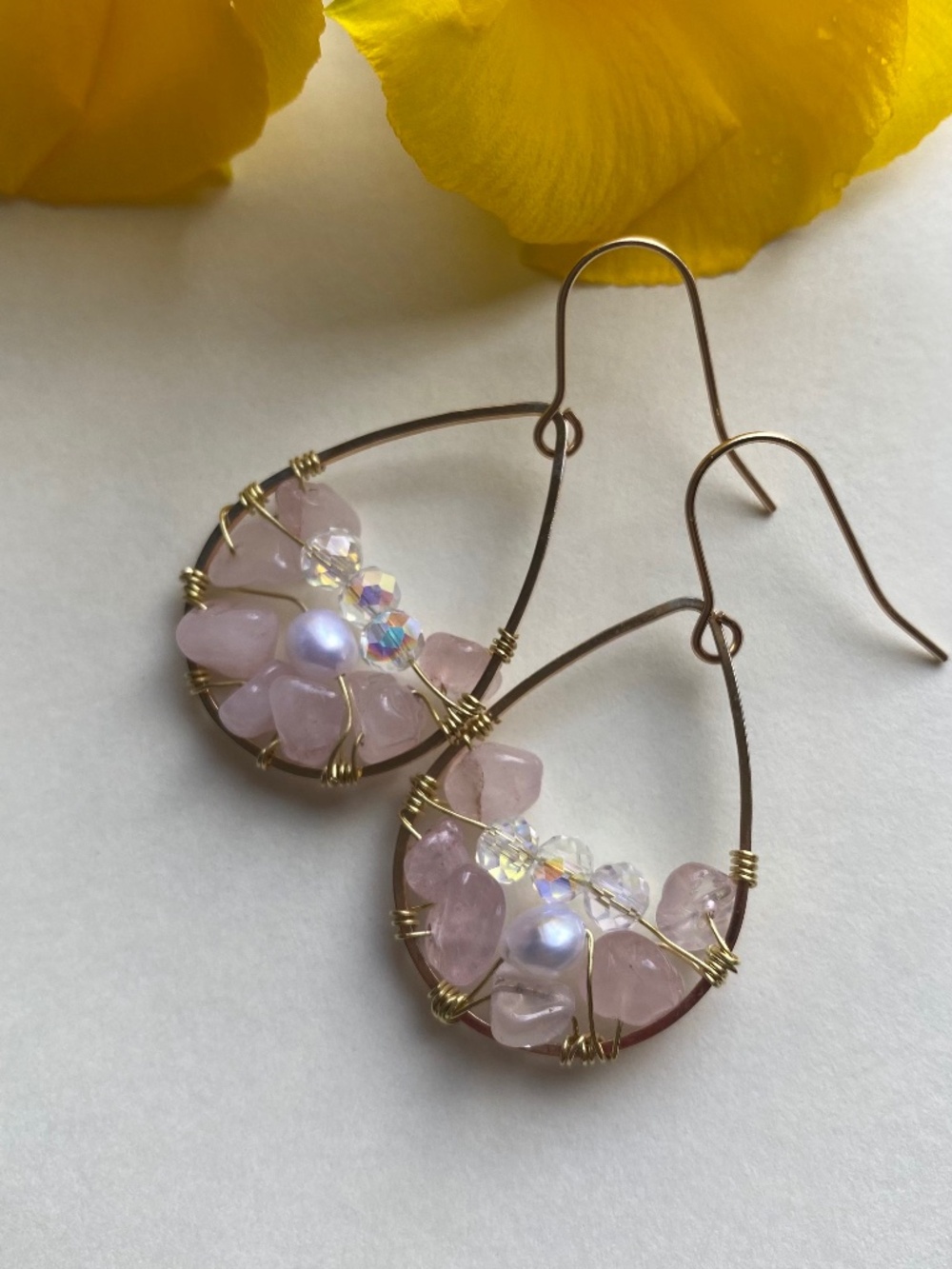Handmade Wire Wrapped Earnings with Rose Quartz & Freshwater Pearl